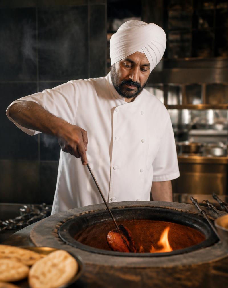 Chef plating a dessert in a professional kitchen
